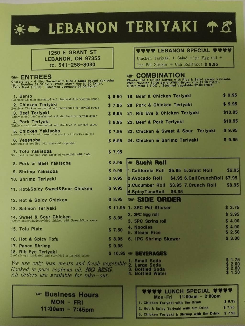 Lebanon Teriyaki | restaurant | 1250 E Grant St, Lebanon, OR 97355, USA | 5412588030 OR +1 541-258-8030