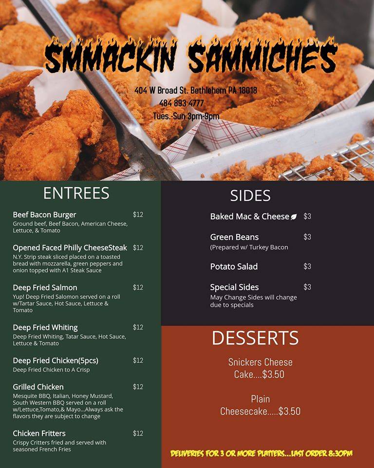 Smmackin Sammiches | restaurant | 404, 71 W Broad St #0, Bethlehem, PA 18018, USA | 4848934777 OR +1 484-893-4777