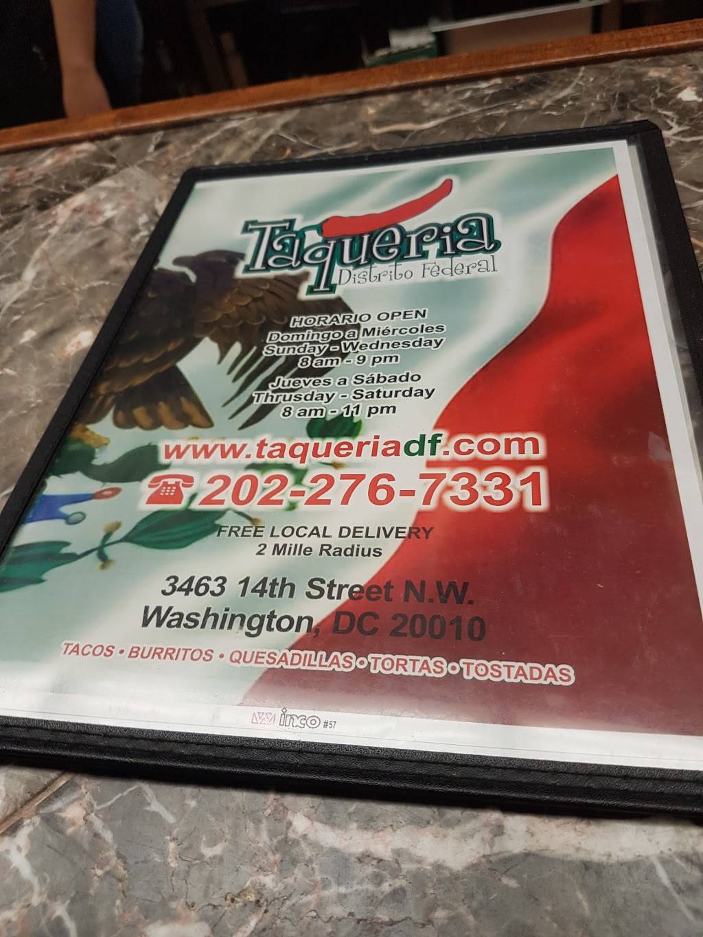 Taqueria Distrito Federal | restaurant | 805 Kennedy St NW, Washington, DC 20011, USA | 2025456990 OR +1 202-545-6990