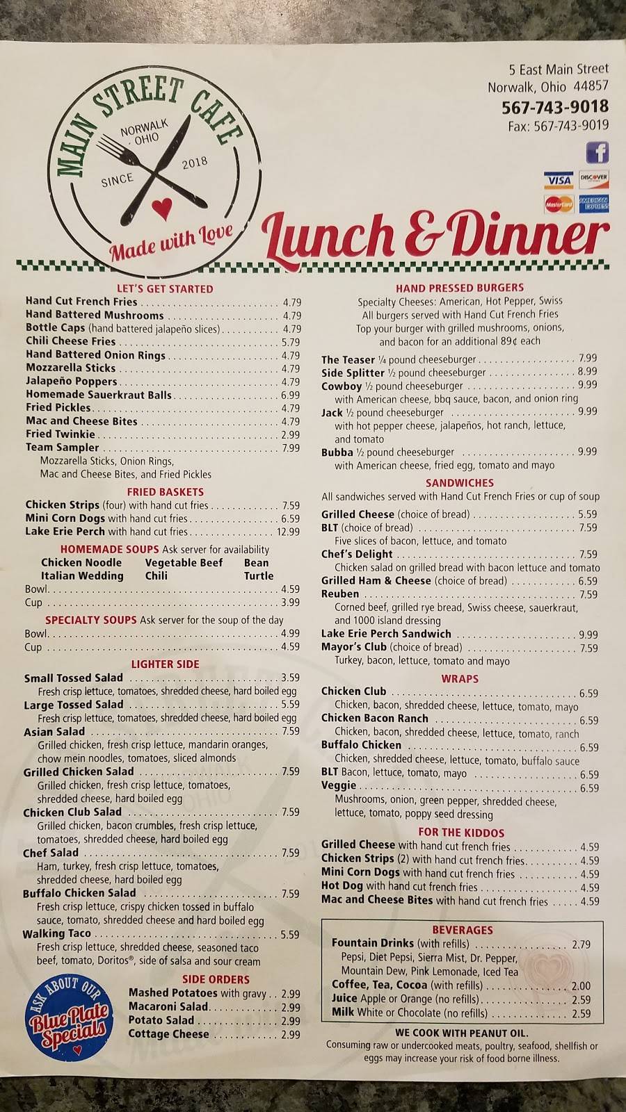 Main Street Cafe | restaurant | 5 E Main St, Norwalk, OH 44857, USA | 5677439018 OR +1 567-743-9018