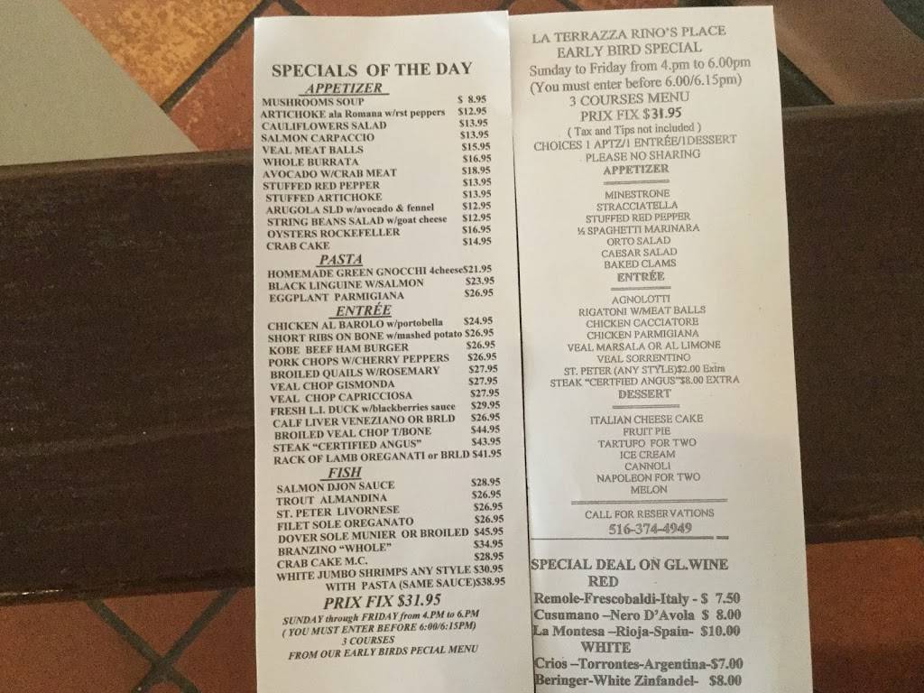 La Terrazza (Rinos Place) | restaurant | 142 Spruce St, Cedarhurst, NY 11516, USA | 5163744949 OR +1 516-374-4949