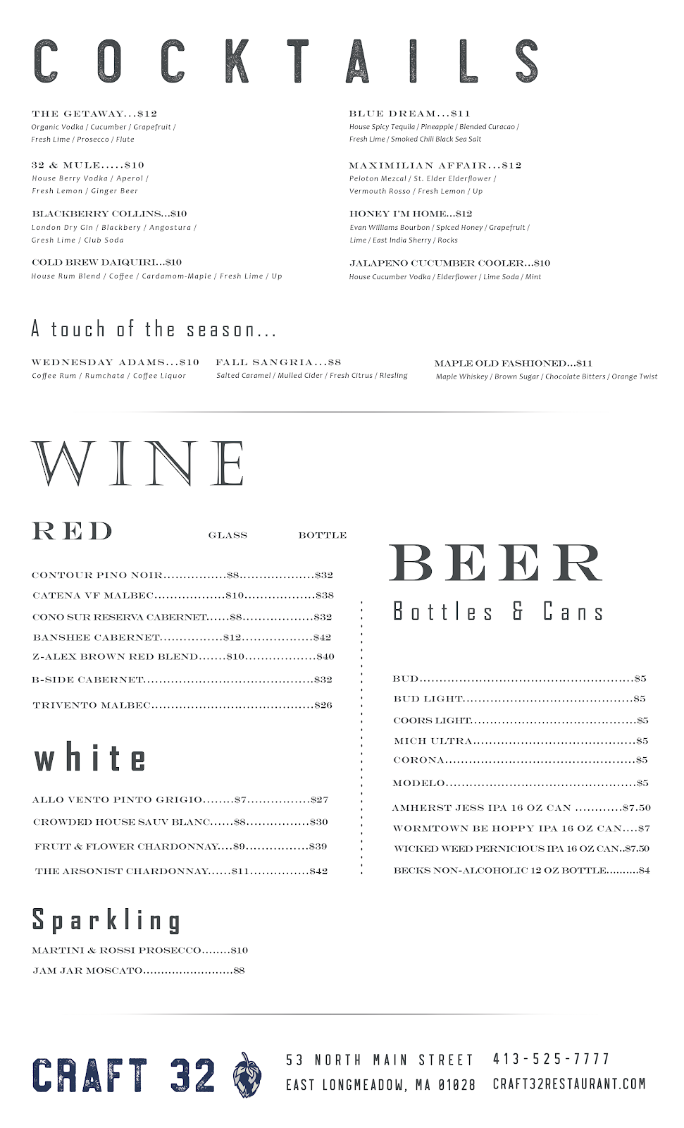 Craft 32 Restaurant | restaurant | 53 N Main St, East Longmeadow, MA 01028, USA | 4135257777 OR +1 413-525-7777