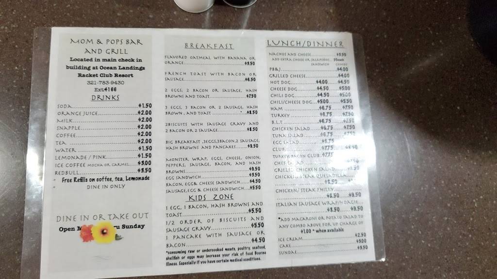 Mom and Pops Restaurant | restaurant | 900 N Atlantic Ave, Cocoa Beach, FL 32931, USA | 3217839430 OR +1 321-783-9430