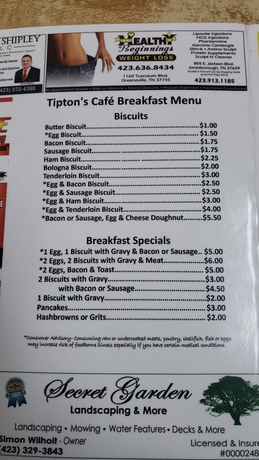 Tiptons Cafe | restaurant | 127 W Depot St, Greeneville, TN 37743, USA | 4236394201 OR +1 423-639-4201