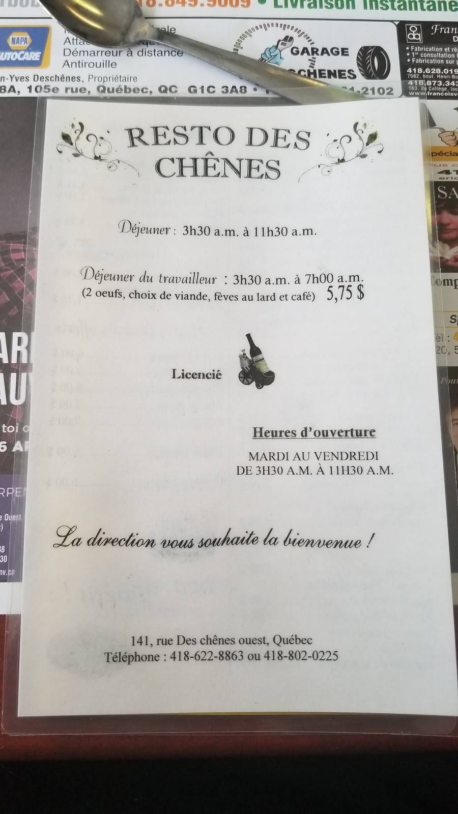 Resto Des Chenes | restaurant | 141 Rue des Chênes O, Québec, QC G1L 1K6, Canada | 4186228863 OR +1 418-622-8863