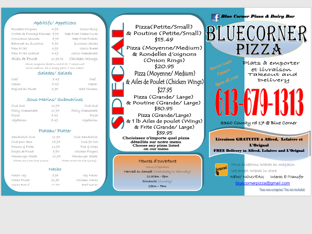 Blue Corner Pizza and Dairy Bar | restaurant | 3360 County Rd 17, LOrignal, ON K0B 1K0, Canada | 6136791313 OR +1 613-679-1313