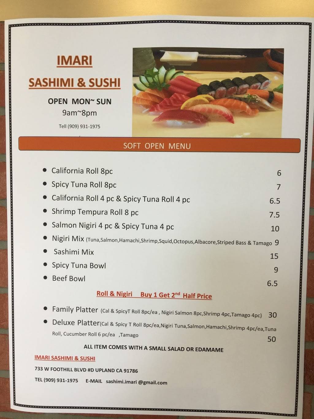 Imari sashimi & sushi | meal takeaway | 733 W Foothill Blvd #D, Upland, CA 91786, USA | 9099311975 OR +1 909-931-1975