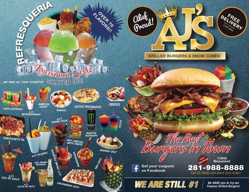 AJs Grilled Burgers and Snowcones | restaurant | 11845 Bissonnet St, Houston, TX 77099, USA | 2819888888 OR +1 281-988-8888