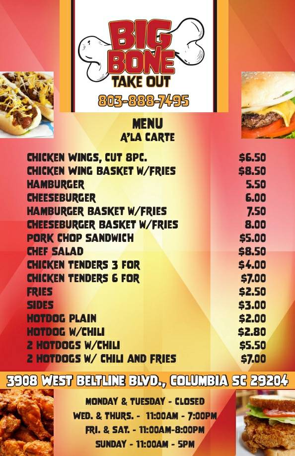 BIGBONE TAKE OUT | restaurant | 3908 W Beltline Blvd, Columbia, SC 29204, USA | 8038887495 OR +1 803-888-7495