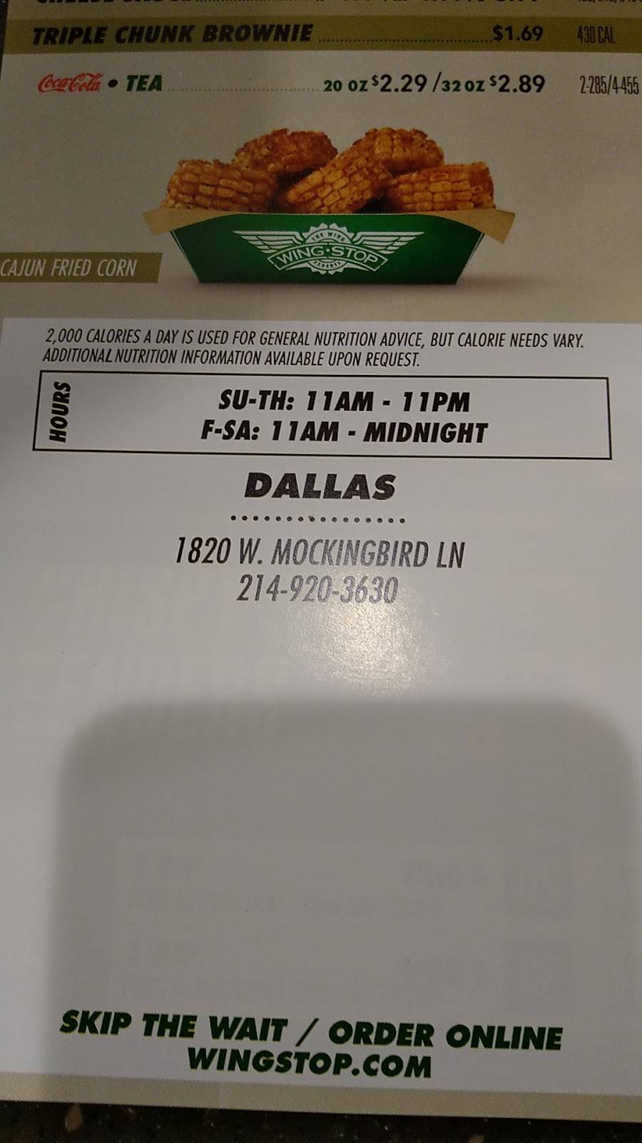 Wingstop | restaurant | 1820 W Mockingbird Ln, Dallas, TX 75235, USA | 2149203630 OR +1 214-920-3630
