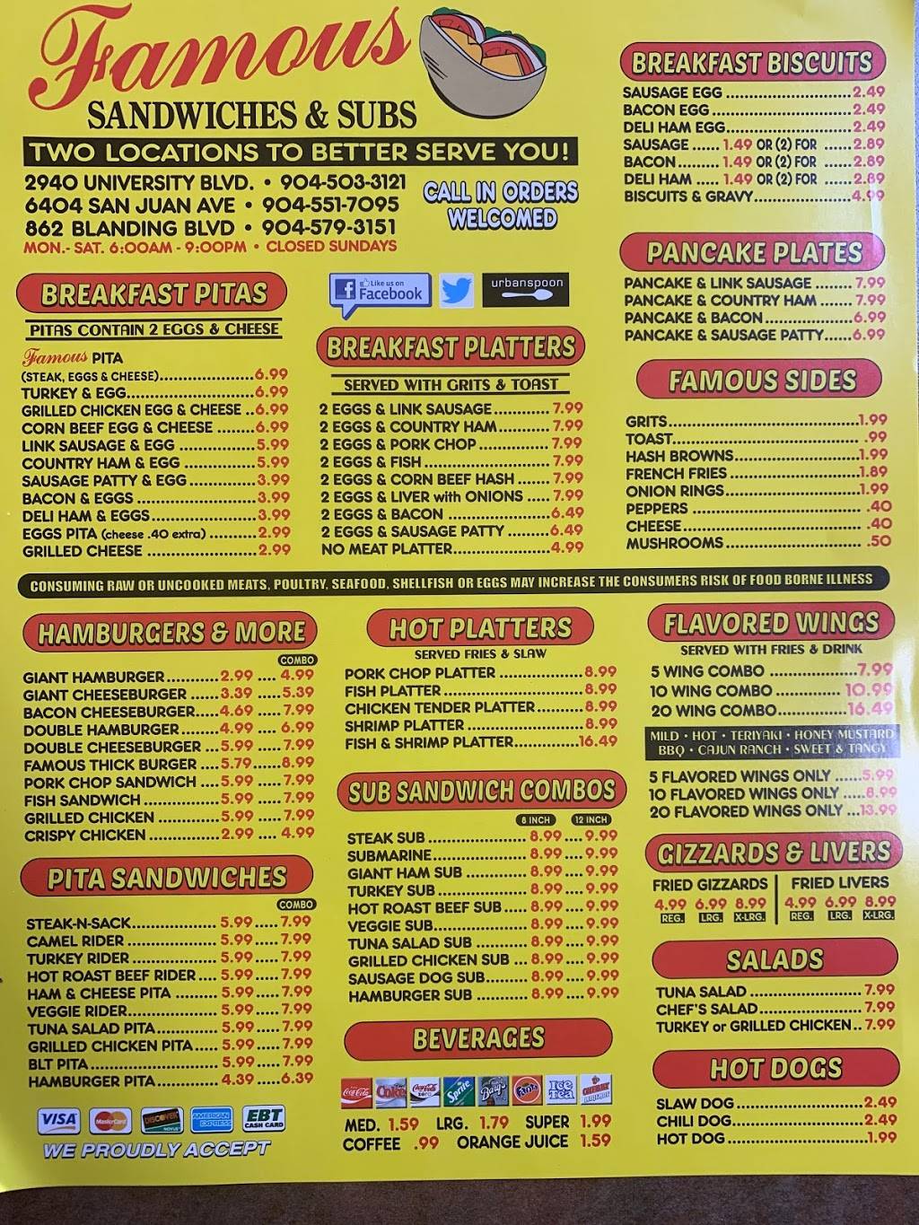 Famous Sandwiches & Subs - University West | restaurant | 2940 University Blvd W, Jacksonville, FL 32217, USA | 9045033121 OR +1 904-503-3121