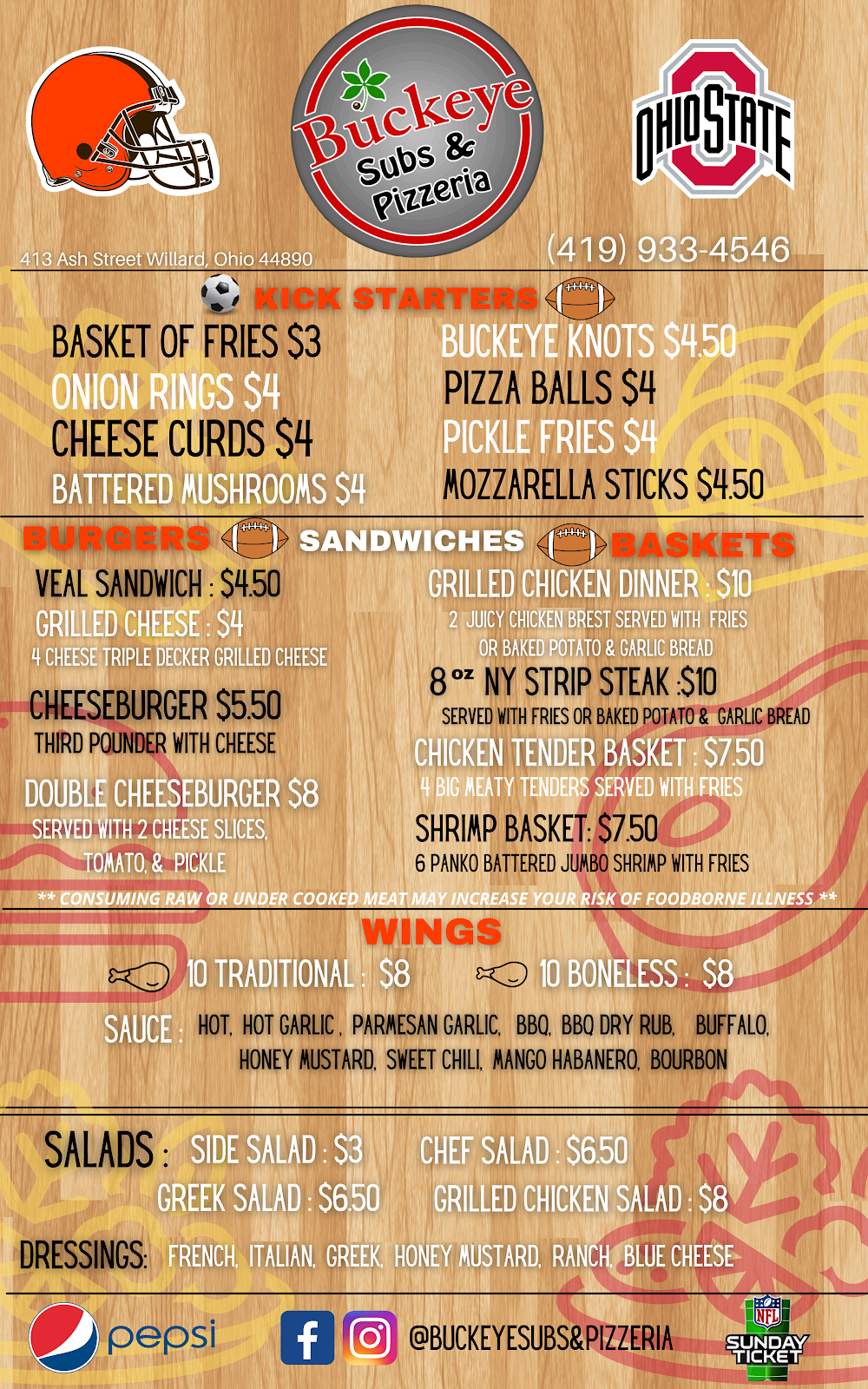 Buckeye Subs & pizzeria | restaurant | 413 Ash St, Willard, OH 44890, USA | 4199334546 OR +1 419-933-4546