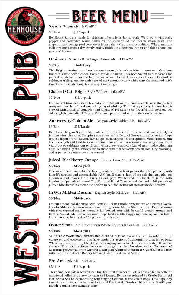 HenHouse Brewing Company West County Pub | restaurant | 765 Center Blvd, Fairfax, CA 94930, USA | 4154851005 OR +1 415-485-1005