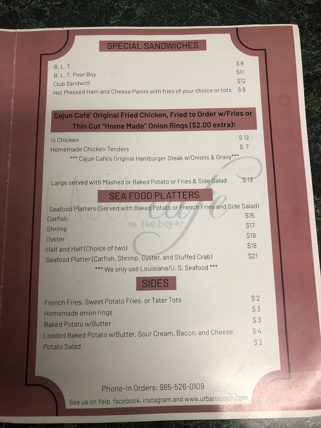 Cajun Cafe On The Bayou | restaurant | 2642 LA-1, Labadieville, LA 70372, USA | 9855260109 OR +1 985-526-0109