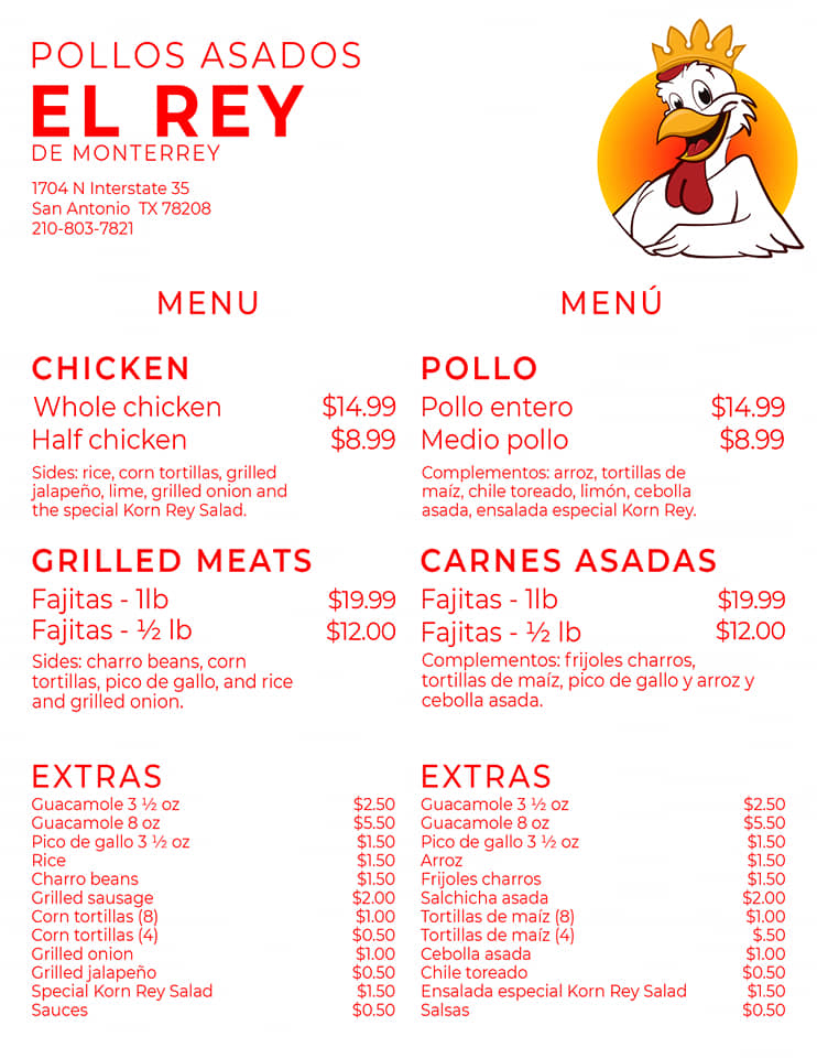Pollos Asados El Rey MTy | restaurant | 1704 I-35 Frontage Rd, San Antonio, TX 78208, USA | 2108037821 OR +1 210-803-7821