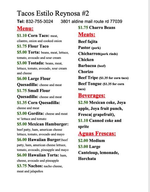 Tacos Estilo Reynosa #2 | restaurant | 3801 Aldine Mail Rte Rd, Houston, TX 77039, USA | 8329753024 OR +1 832-975-3024