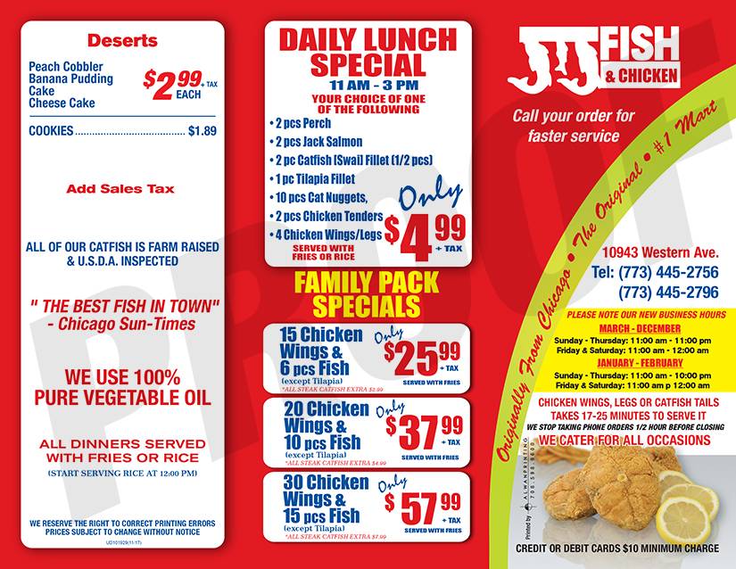 J & J Fish And Chicken | restaurant | 10943 S Western Ave, Chicago, IL 60643, USA | 7734452756 OR +1 773-445-2756
