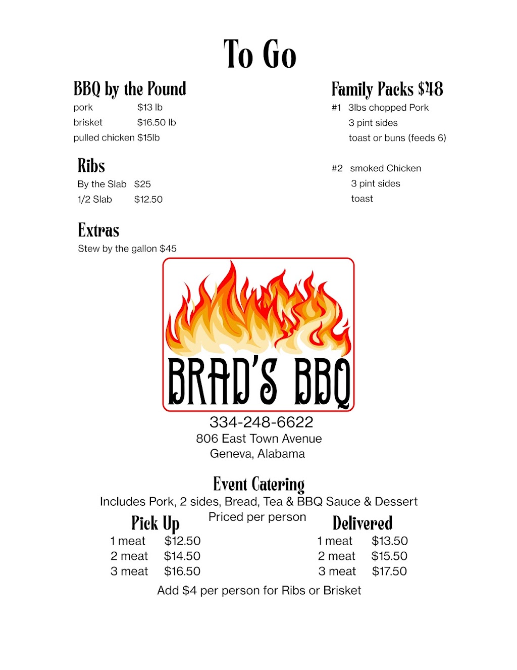 Brads BBQ | restaurant | 806 E Town Ave, Geneva, AL 36340, USA | 3342486622 OR +1 334-248-6622