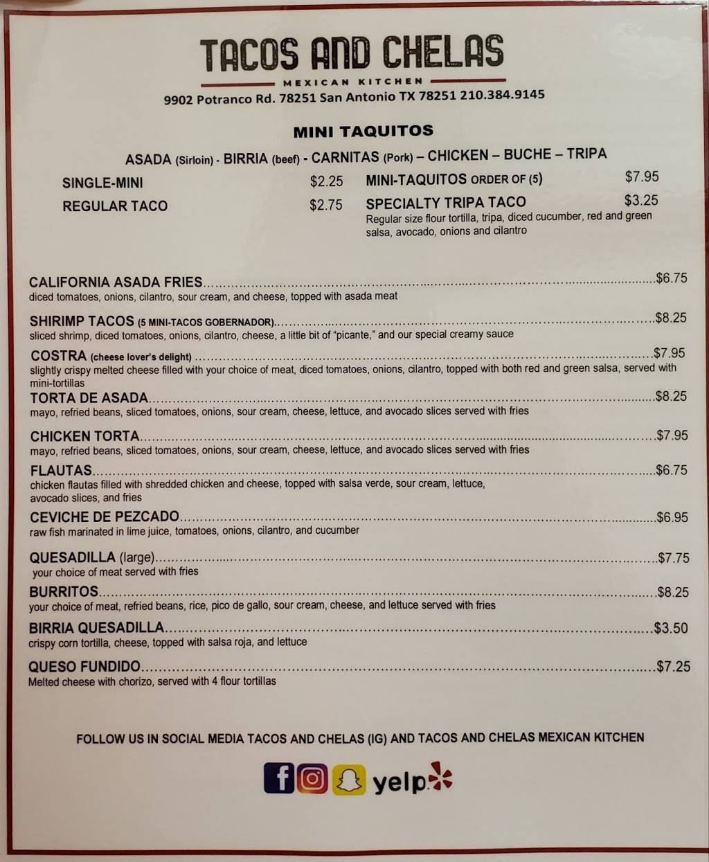 Tacos and Chelas Mexican kitchen | restaurant | 9902 Potranco Rd, San Antonio, TX 78251, USA | 2103849145 OR +1 210-384-9145
