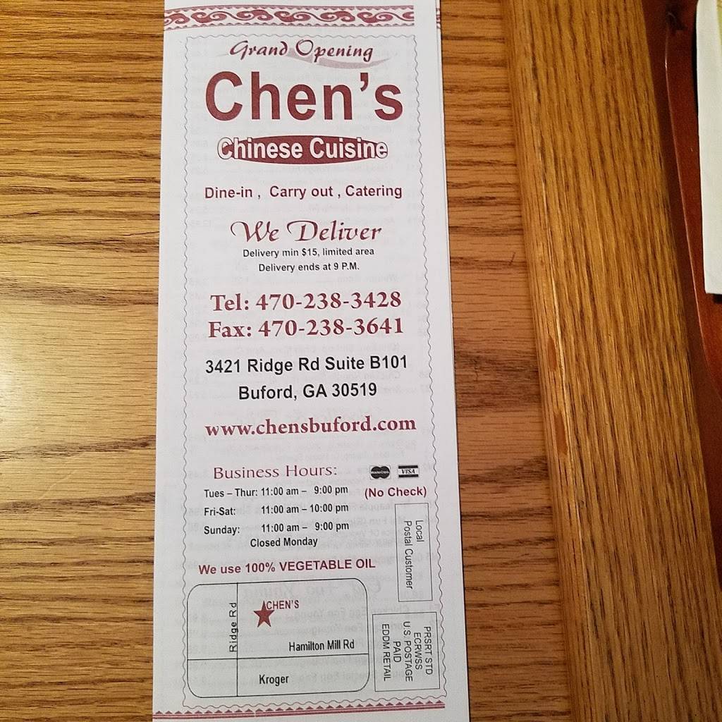 Chens Chinese Cuisine | restaurant | 3421 Ridge Rd Suite B101, Buford, GA 30519, USA | 4702383428 OR +1 470-238-3428