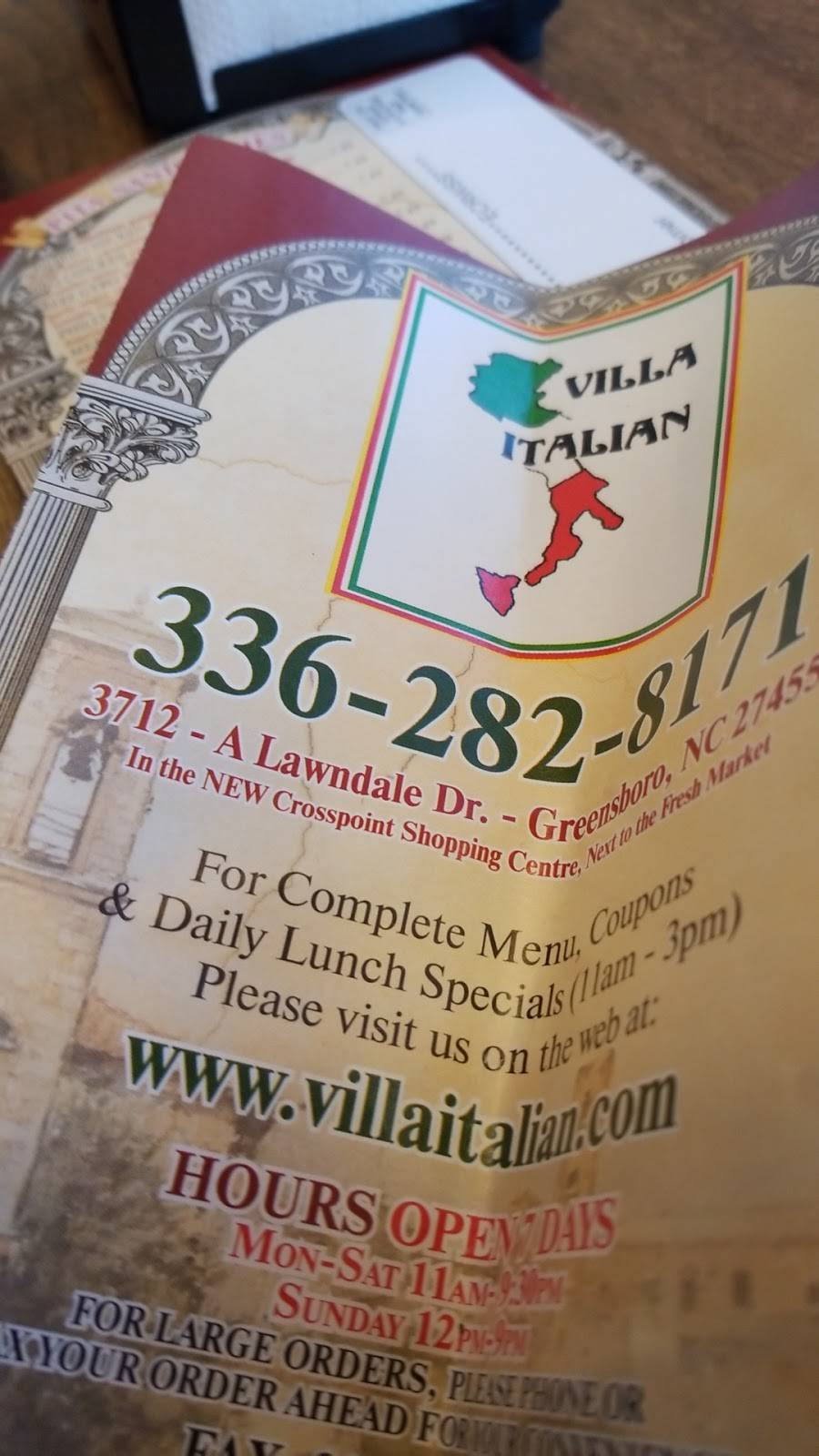 Villa Italian | restaurant | 3712 Lawndale Dr Suite A, Greensboro, NC 27455, USA | 3362828171 OR +1 336-282-8171