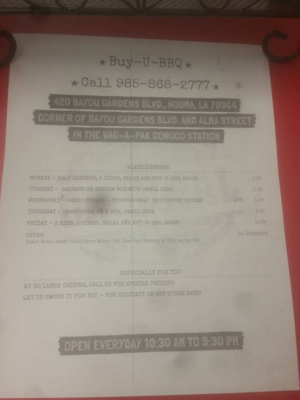 Buy U BBQ | restaurant | 420 Bayou Gardens Blvd, Houma, LA 70364, USA | 9858682777 OR +1 985-868-2777