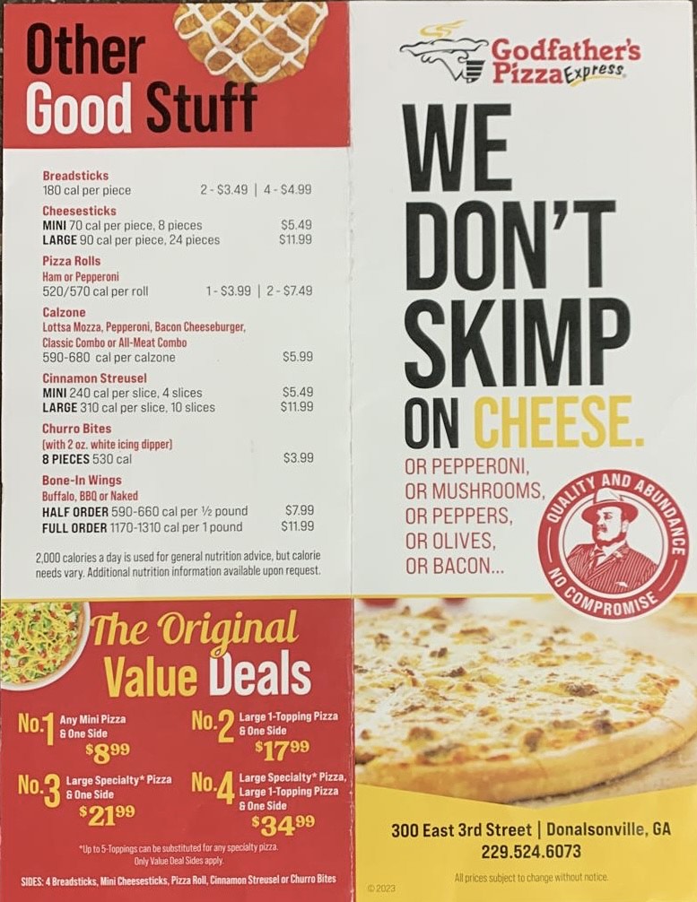 Godfathers Pizza | restaurant | 300 E 3rd St, Donalsonville, GA 39845, USA | 2295246073 OR +1 229-524-6073