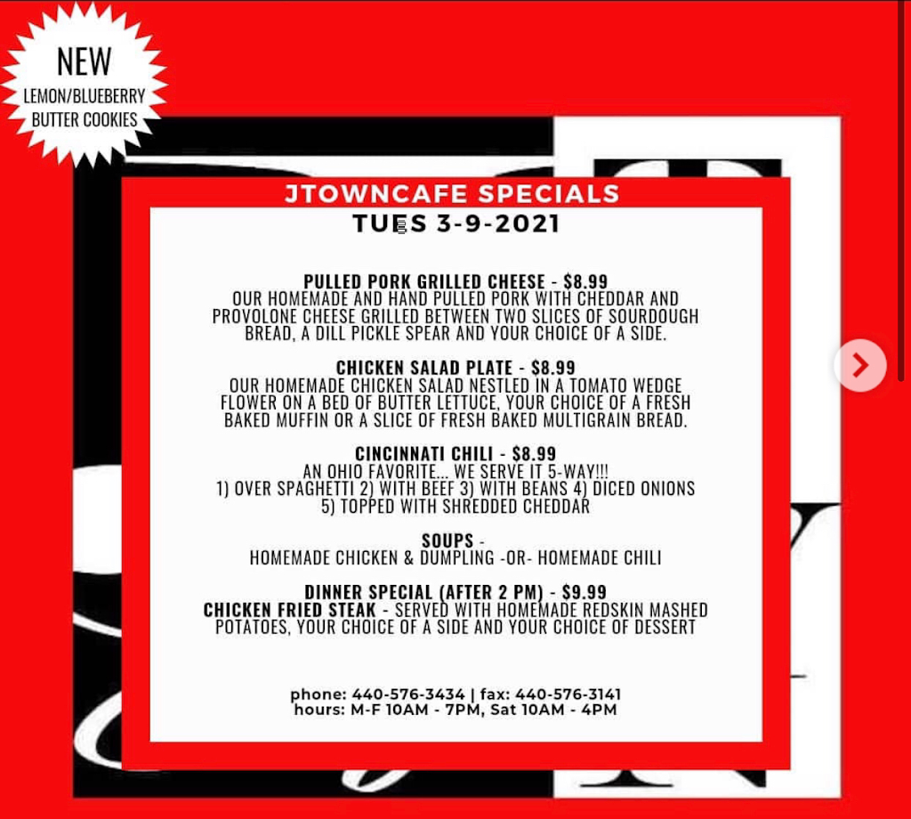 JTownCafe | restaurant | 35 S Chestnut St, Jefferson, OH 44047, USA | 4405763434 OR +1 440-576-3434