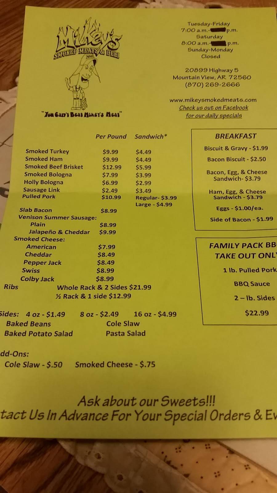 Mikeys Smoked Meats & Deli | restaurant | 20899 AR-5, Mountain View, AR 72560, USA | 8702692666 OR +1 870-269-2666