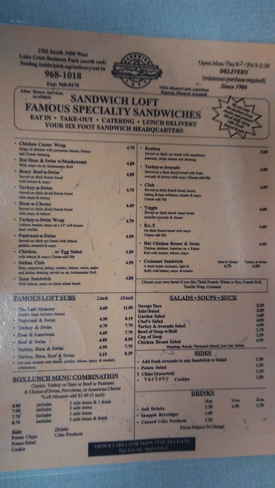 Sandwich Loft | restaurant | 2702 3600 W #I, Salt Lake City, UT 84119, USA | 8019681018 OR +1 801-968-1018