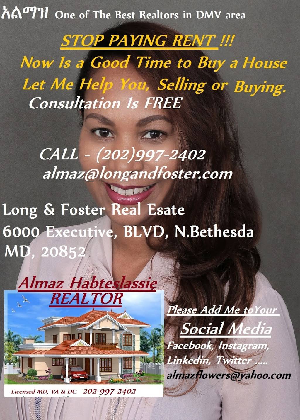 Almaz Habesha Realtor | restaurant | 6000 Executive BLVD, Unite#100, N, North Bethesda, MD 20852, USA | 3016050326 OR +1 301-605-0326