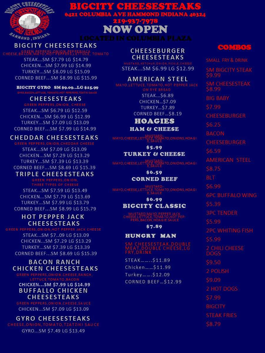 BigCity CheeseSteaks | restaurant | 6421 Columbia Ave, Hammond, IN 46320, USA | 2199377978 OR +1 219-937-7978
