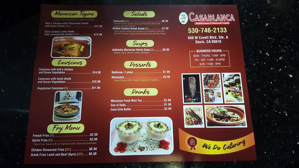 Casablanca | restaurant | 640 W Covell Blvd, Davis, CA 95616, USA | 5307462133 OR +1 530-746-2133