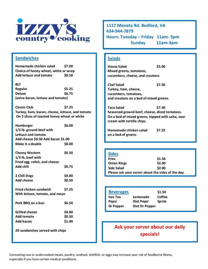 Izzys Country Cooking | restaurant | 1117 Moneta Rd, Bedford, VA 24523, USA | 4349447879 OR +1 434-944-7879