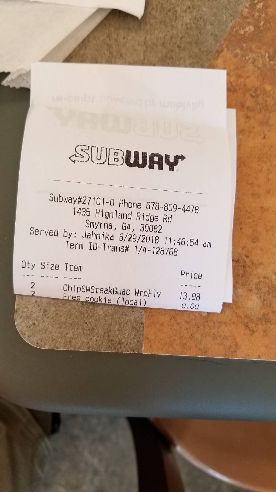 Subway | restaurant | 1435 Highlands Ridge Rd SE, Smyrna, GA 30082, USA | 6788094478 OR +1 678-809-4478
