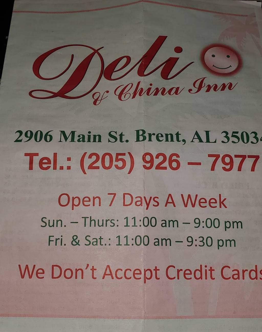 Deli China Inn | restaurant | 2906 Main St, Brent, AL 35034, USA | 2059267977 OR +1 205-926-7977