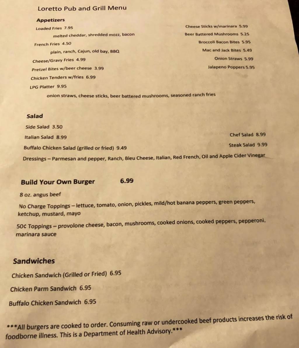 Loretto Pub & Grill | restaurant | 196 St Mary St, Loretto, PA 15940, USA | 8144710222 OR +1 814-471-0222