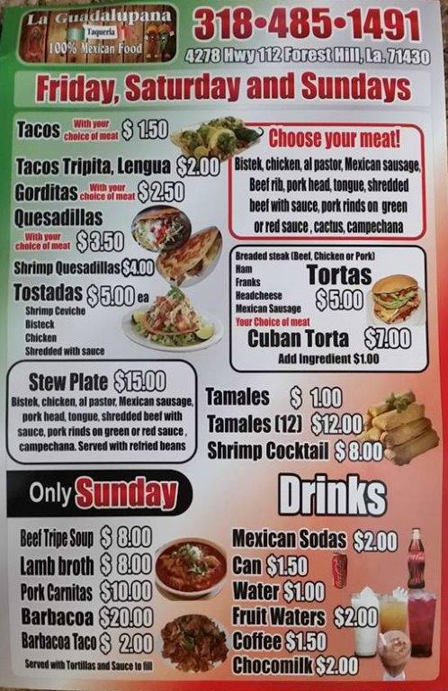 La Guadalupana Taqueria | restaurant | 4278 LA-112, Forest Hill, LA 71430, USA | 3184851491 OR +1 318-485-1491