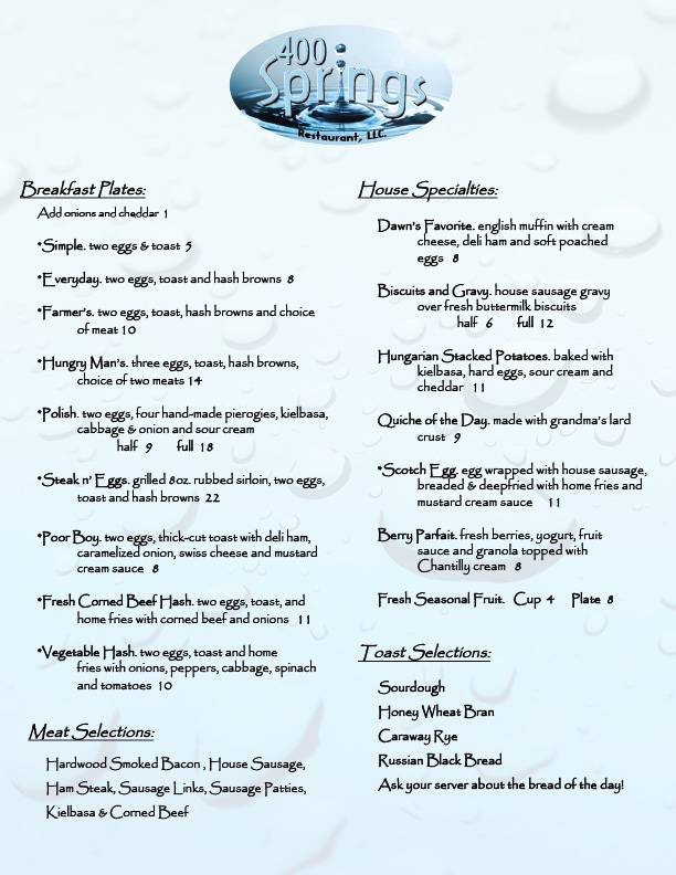 400 Springs Restaurant LLC | restaurant | 400 Springs Dr, Spring Green, WI 53588, USA | 6085880140 OR +1 608-588-0140