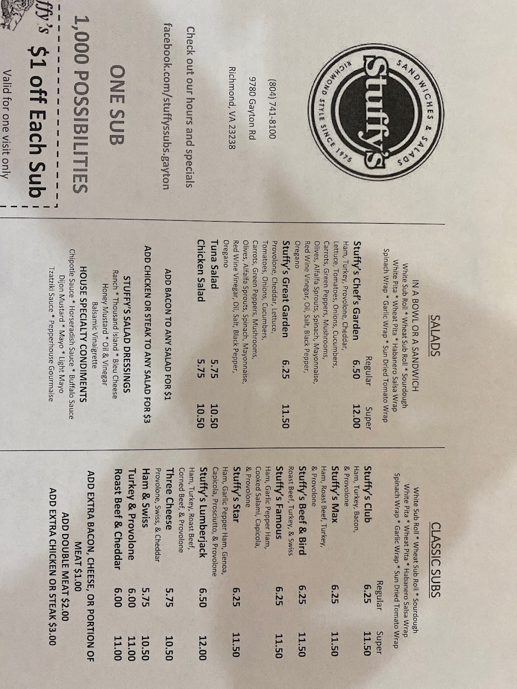 Stuffy’s Subs | restaurant | 9780 Gayton Rd, Henrico, VA 23238, USA | 8047418100 OR +1 804-741-8100