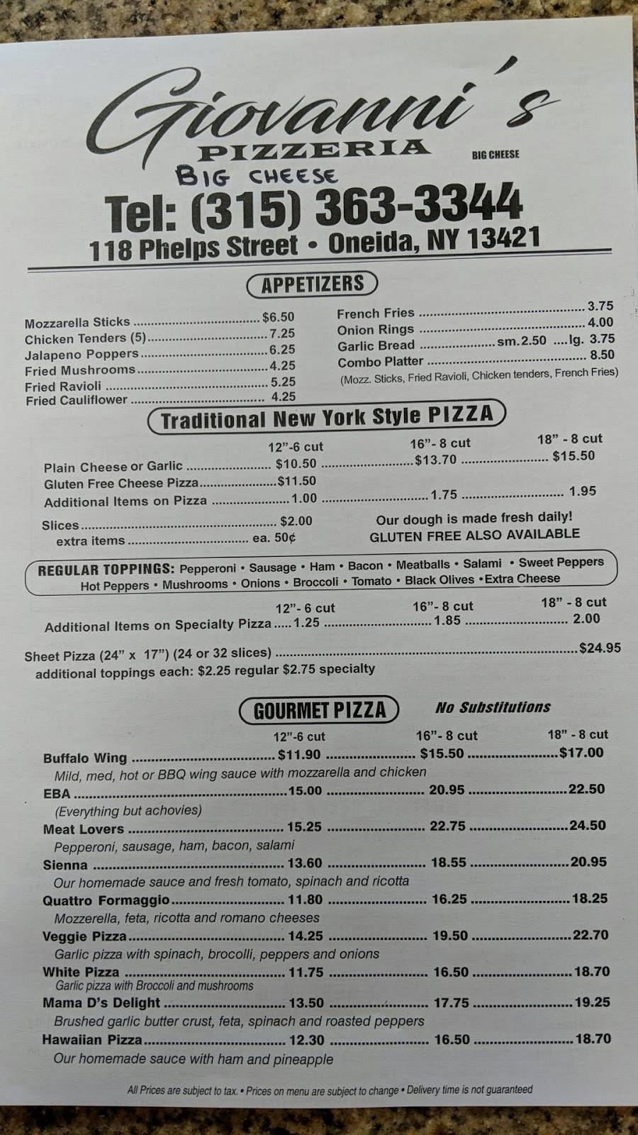 Giovannis big cheese pizzeria oneida ny | restaurant | 118 Phelps St, Oneida, NY 13421, USA | 3153633344 OR +1 315-363-3344