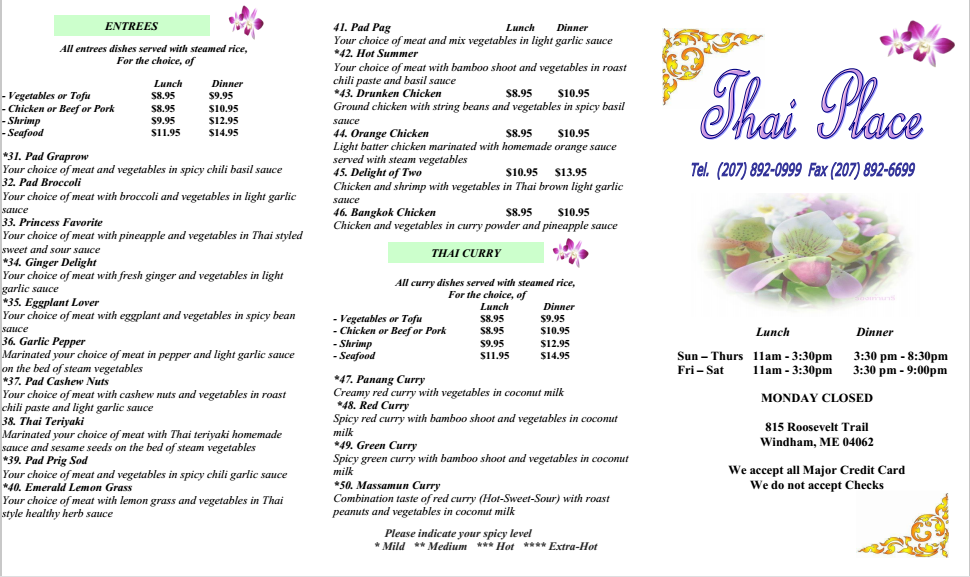 Thai Place | restaurant | 815 Roosevelt Trail, Windham, ME 04062, USA | 2078920999 OR +1 207-892-0999