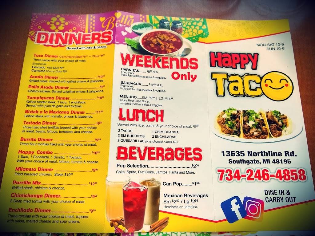 Happy Taco Mexican Restaurant | restaurant | 13635 Northline Rd, Southgate, MI 48195, USA | 7342464858 OR +1 734-246-4858