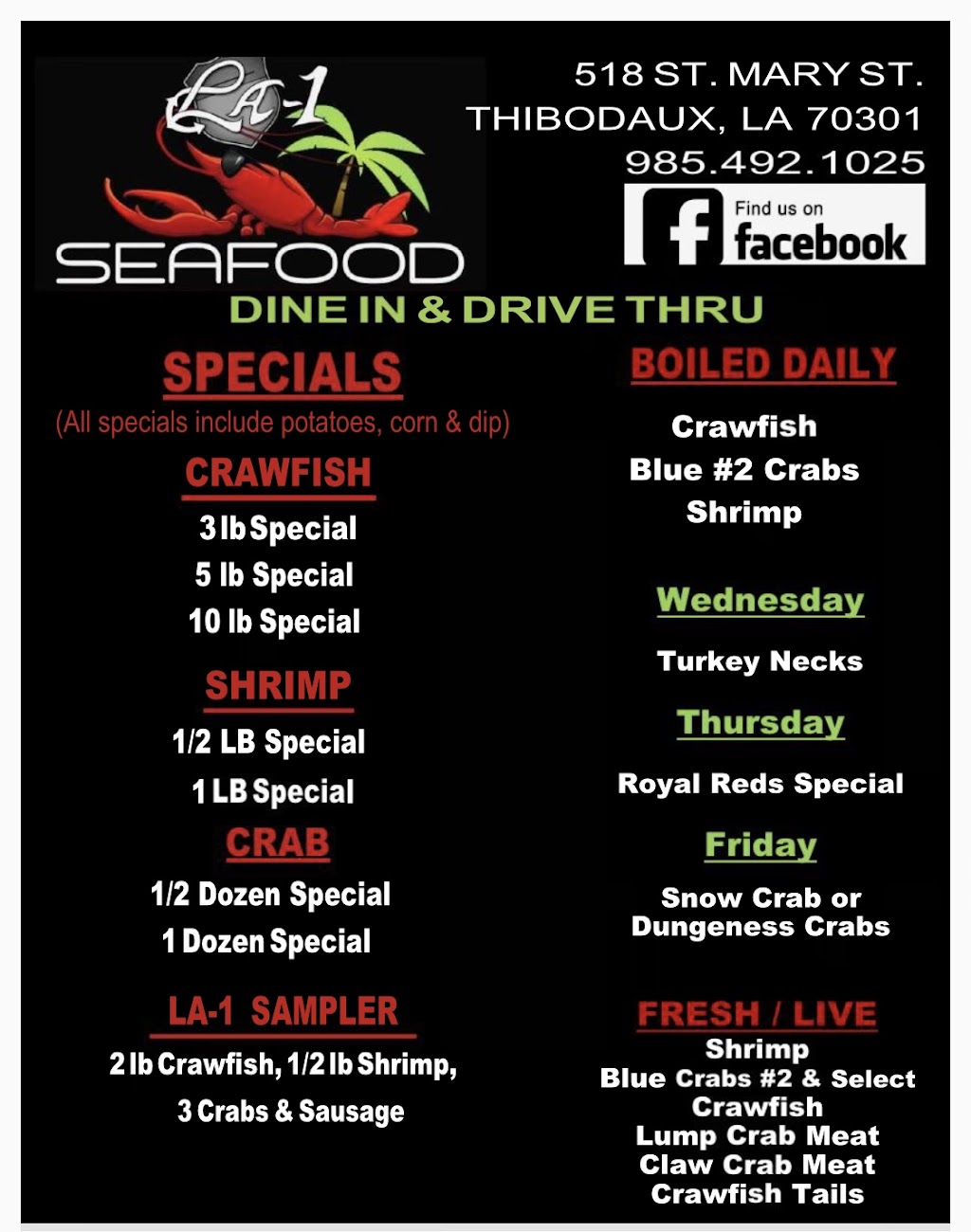 LA 1 Seafood | restaurant | 518 St Mary St, Thibodaux, LA 70301, USA | 9854921025 OR +1 985-492-1025