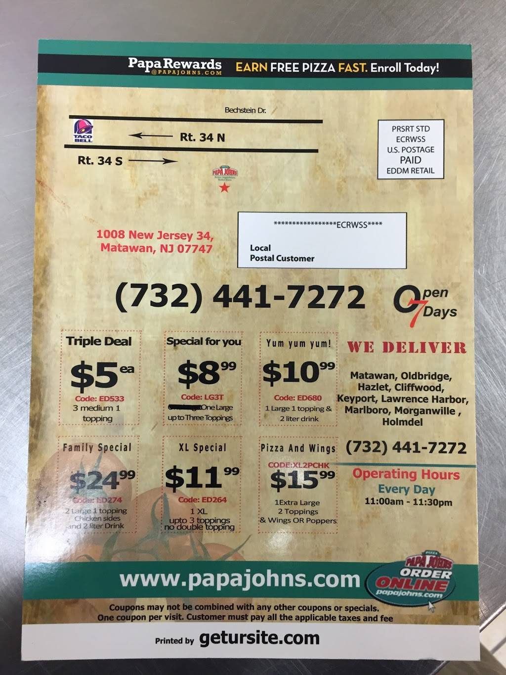 Papa Johns Pizza | restaurant | 1008 NJ-34, Matawan, NJ 07747, USA | 7324417272 OR +1 732-441-7272