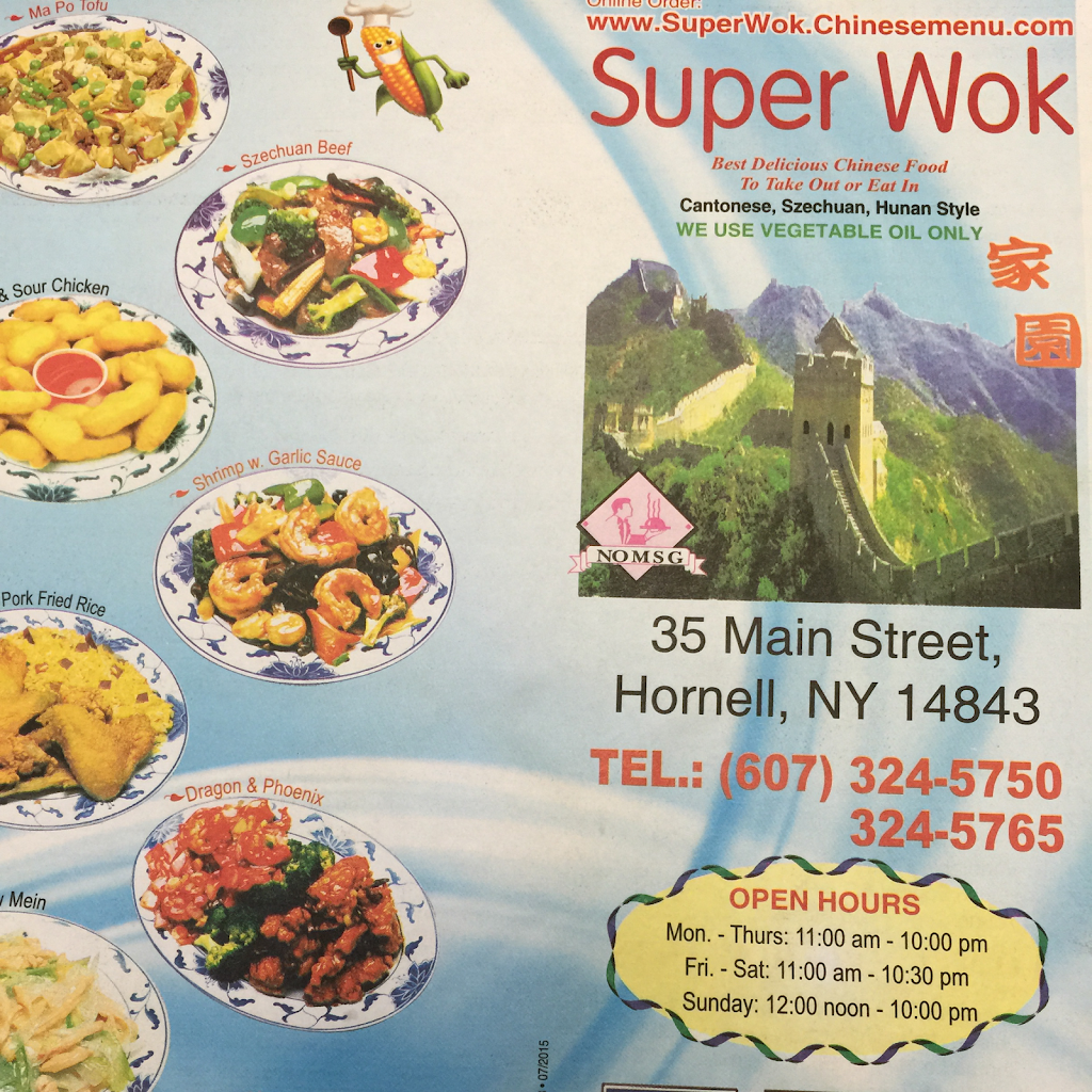 Super Wok | restaurant | 35 Main St, Hornell, NY 14843, USA | 6073245750 OR +1 607-324-5750