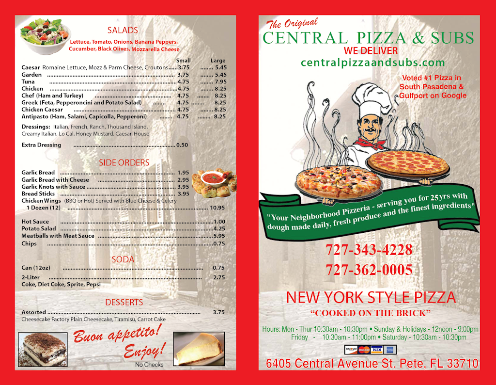 Central Pizza & Subs | restaurant | 6405 Central Avenue North, St. Petersburg, FL 33710, USA | 7273434228 OR +1 727-343-4228