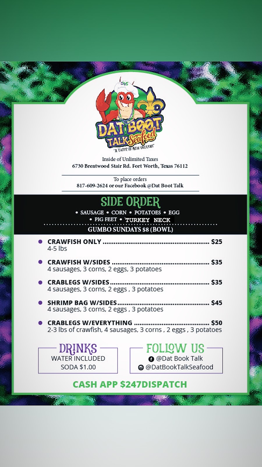 Dat Boot Talk Seafood | restaurant | 6730 Brentwood Stair Rd, Fort Worth, TX 76112, USA | 8176092624 OR +1 817-609-2624