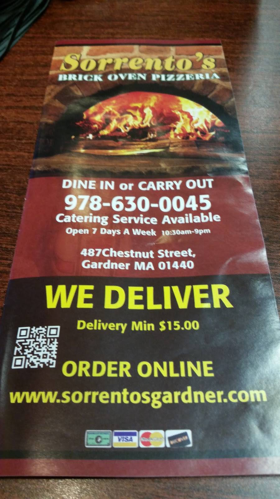 Sorrentos Pizzeria | restaurant | 487 Chestnut St, Gardner, MA 01440, USA | 9786307038 OR +1 978-630-7038