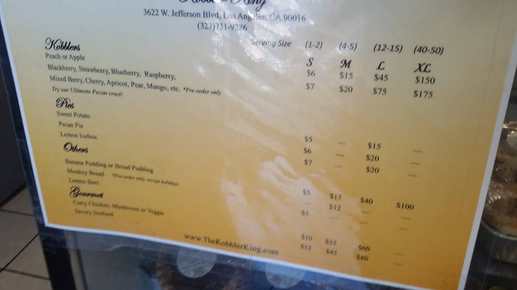 Kobbler King | restaurant | 3622 W Jefferson Blvd, Los Angeles, CA 90016, USA | 3237319286 OR +1 323-731-9286